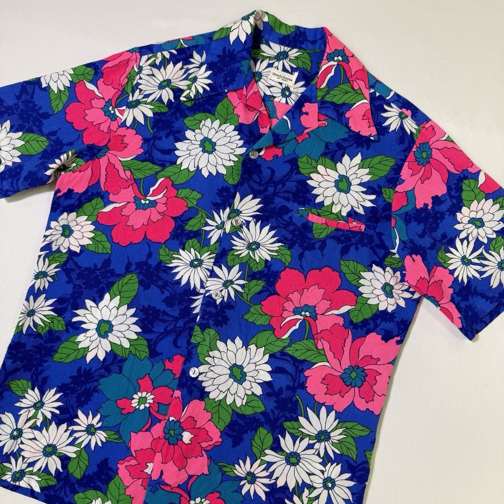Vintage Liberty House Shirt Mens M‎ Barkcloth Hawaiian 60s Floral Turquoise Blue